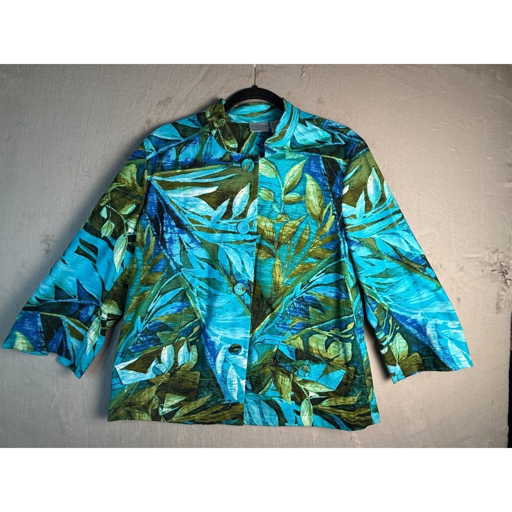 Chico's Tropical Palm Leaf Print Jacket Womens 3 Blue Green Tropical 3/4 Sleeve